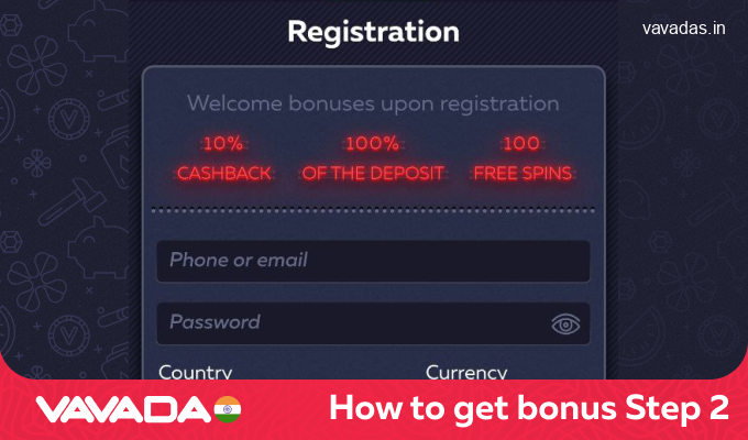 Fill in the field email, password, country, currency, step 2