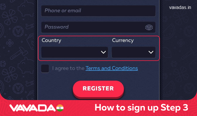 Select country and currency from the list, step 3